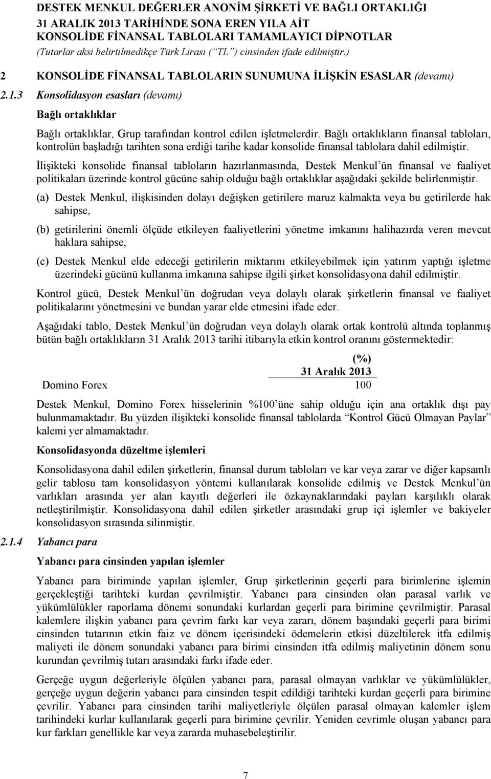 İlişikteki konsolide finansal tabloların hazırlanmasında, Destek Menkul ün finansal ve faaliyet politikaları üzerinde kontrol gücüne sahip olduğu bağlı ortaklıklar aşağıdaki şekilde belirlenmiştir.