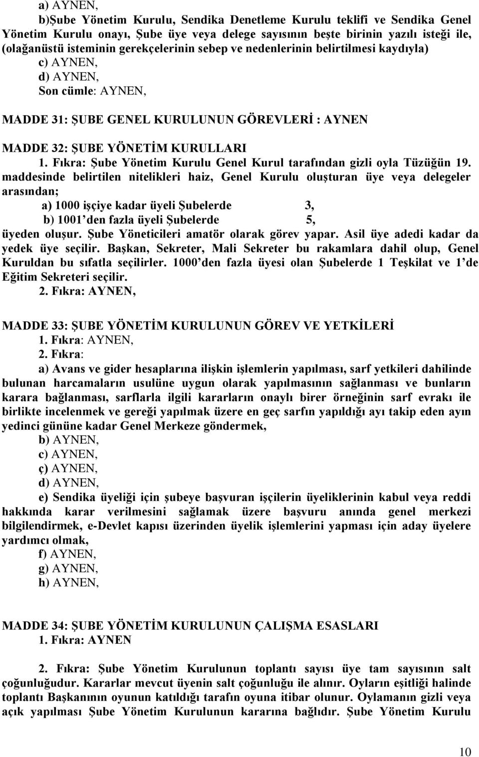 Fıkra: Şube Yönetim Kurulu Genel Kurul tarafından gizli oyla Tüzüğün 19.