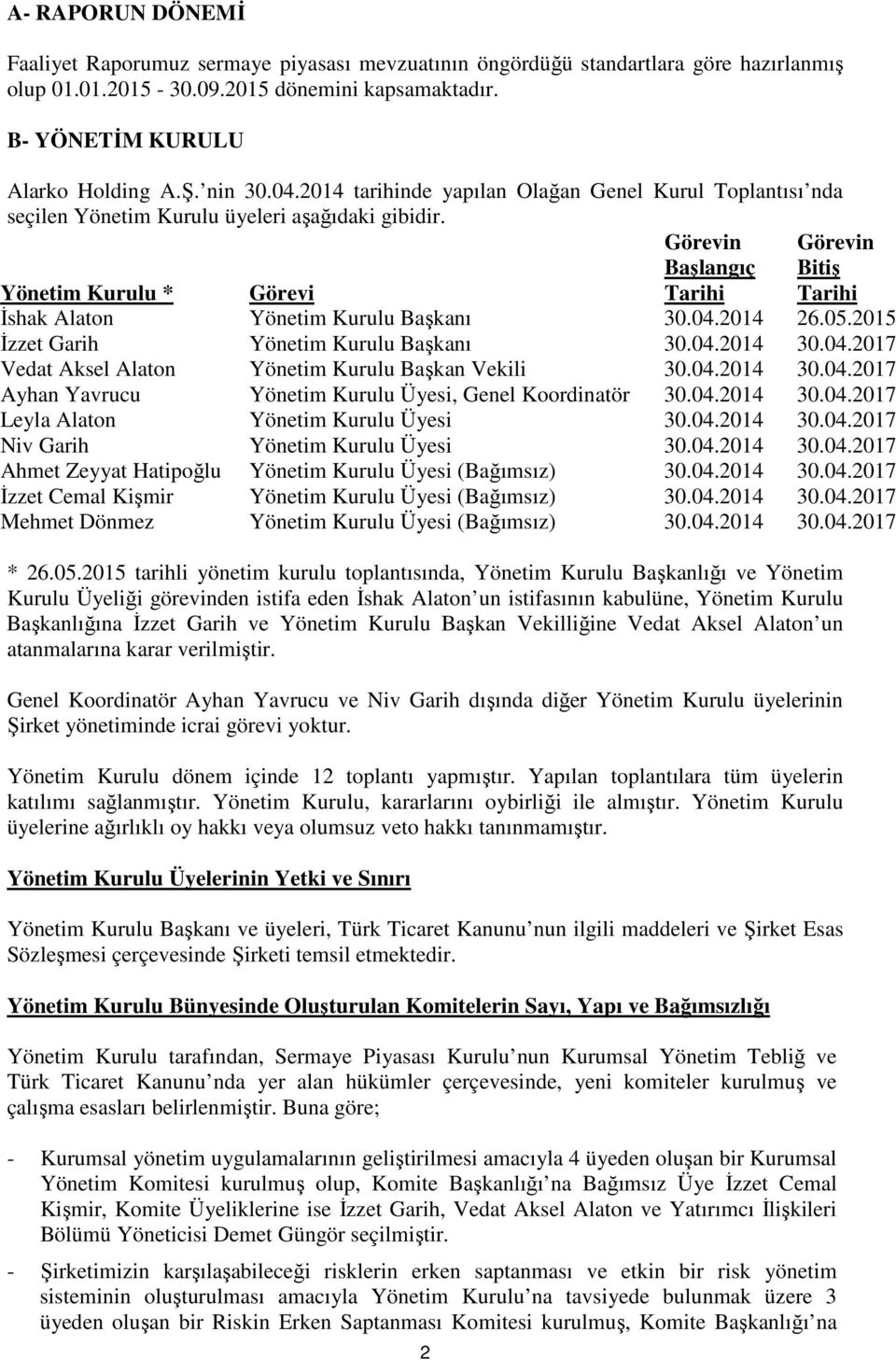 Görevin Başlangıç Yönetim Kurulu * Görevi Tarihi 2 Görevin Bitiş Tarihi İshak Alaton Yönetim Kurulu Başkanı 30.04.2014 26.05.2015 İzzet Garih Yönetim Kurulu Başkanı 30.04.2014 30.04.2017 Vedat Aksel Alaton Yönetim Kurulu Başkan Vekili 30.