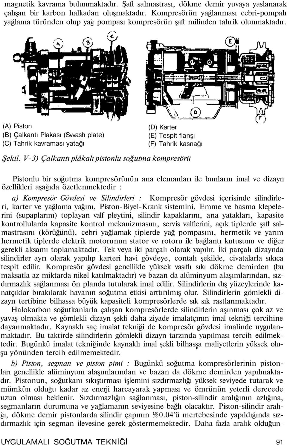 (A) Pston (B) Çalkantı Plakası (Svvash plate) (C) Tahrk kavraması yatağı (D) Karter (E) Tespt flanşı (F) Tahrk kasnağı Şekl.