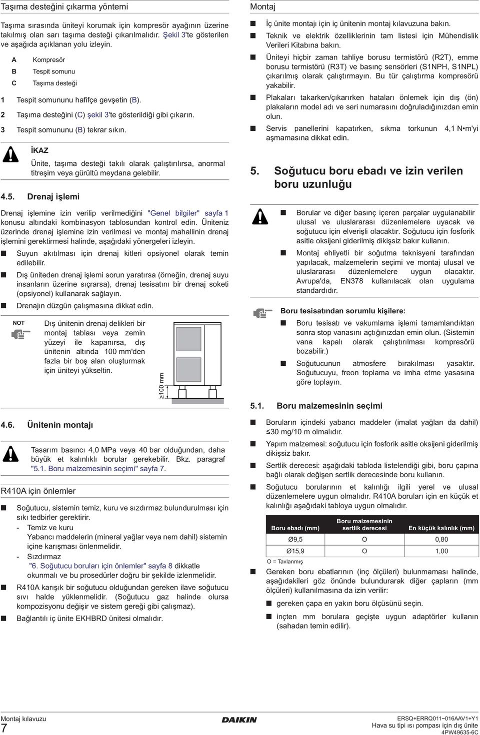 Drenaj işlemi Drenaj işlemine izin verilip verilmediğini "Genel bilgiler" sayfa konusu altındaki kombinasyon tablosundan kontrol edin.