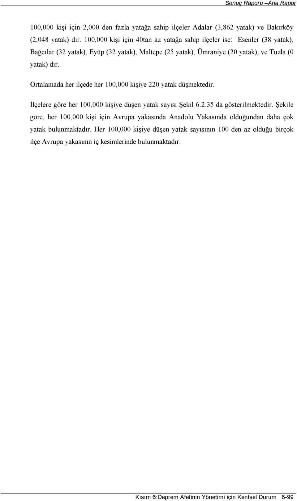 Ortalamada her ilçede her 100,000 kişiye 220 yatak düşmektedir. İlçelere göre her 100,000 kişiye düşen yatak sayısı Şekil 6.2.35 da gösterilmektedir.