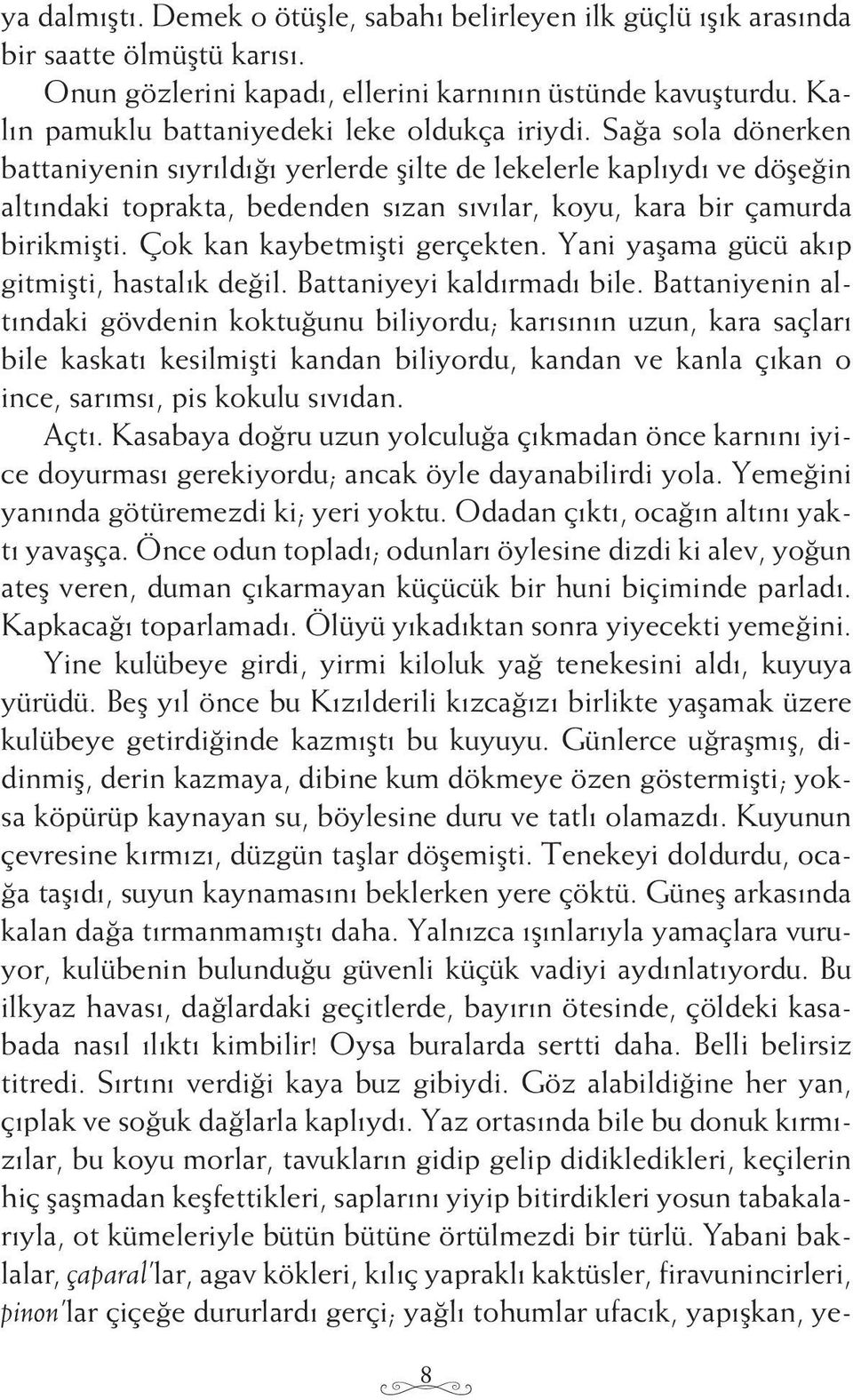 Sağa sola dönerken battaniyenin sıyrıldığı yerlerde şilte de lekelerle kaplıydı ve döşeğin altındaki toprakta, bedenden sızan sıvılar, koyu, kara bir çamurda birikmişti. Çok kan kaybetmişti gerçekten.