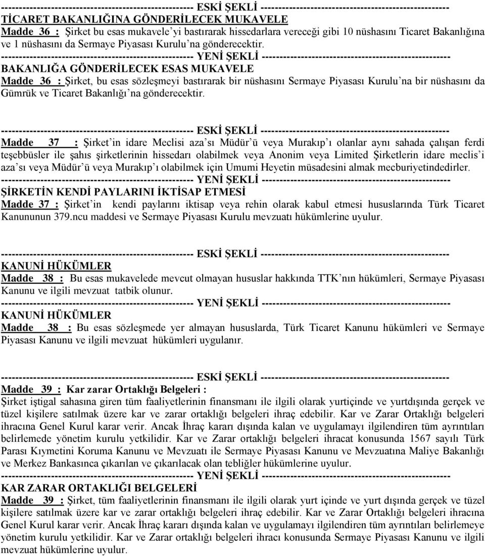 BAKANLIĞA GÖNDERİLECEK ESAS MUKAVELE Madde 36 : Şirket, bu esas sözleşmeyi bastırarak bir nüshasını Sermaye Piyasası Kurulu na bir nüshasını da Gümrük ve Ticaret Bakanlığı na  Madde 37 : Şirket in