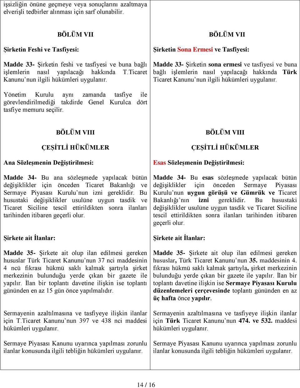 BÖLÜM VII Şirketin Sona Ermesi ve Tasfiyesi: Madde 33- Şirketin sona ermesi ve tasfiyesi ve buna bağlı işlemlerin nasıl yapılacağı hakkında Türk Ticaret Kanunu nun ilgili hükümleri uygulanır.