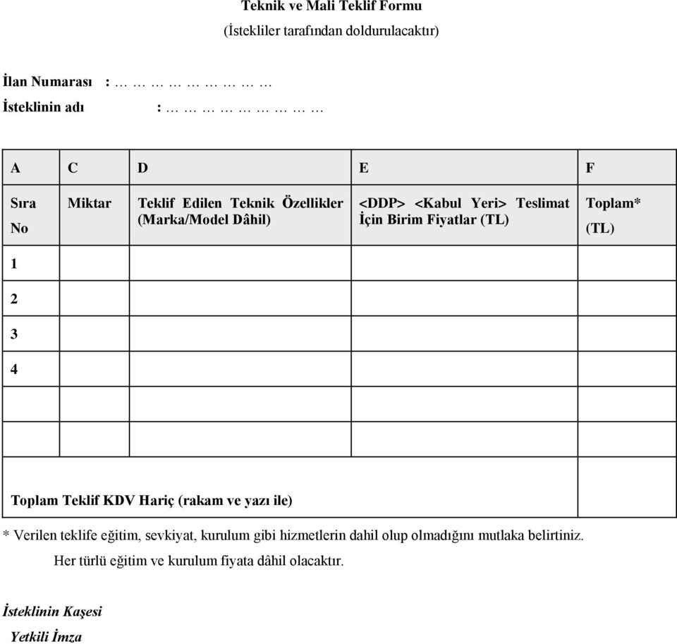 (TL) 1 2 3 4 Tplam Teklif KDV Hariç (rakam ve yazı ile) * Verilen teklife eğitim, sevkiyat, kurulum gibi