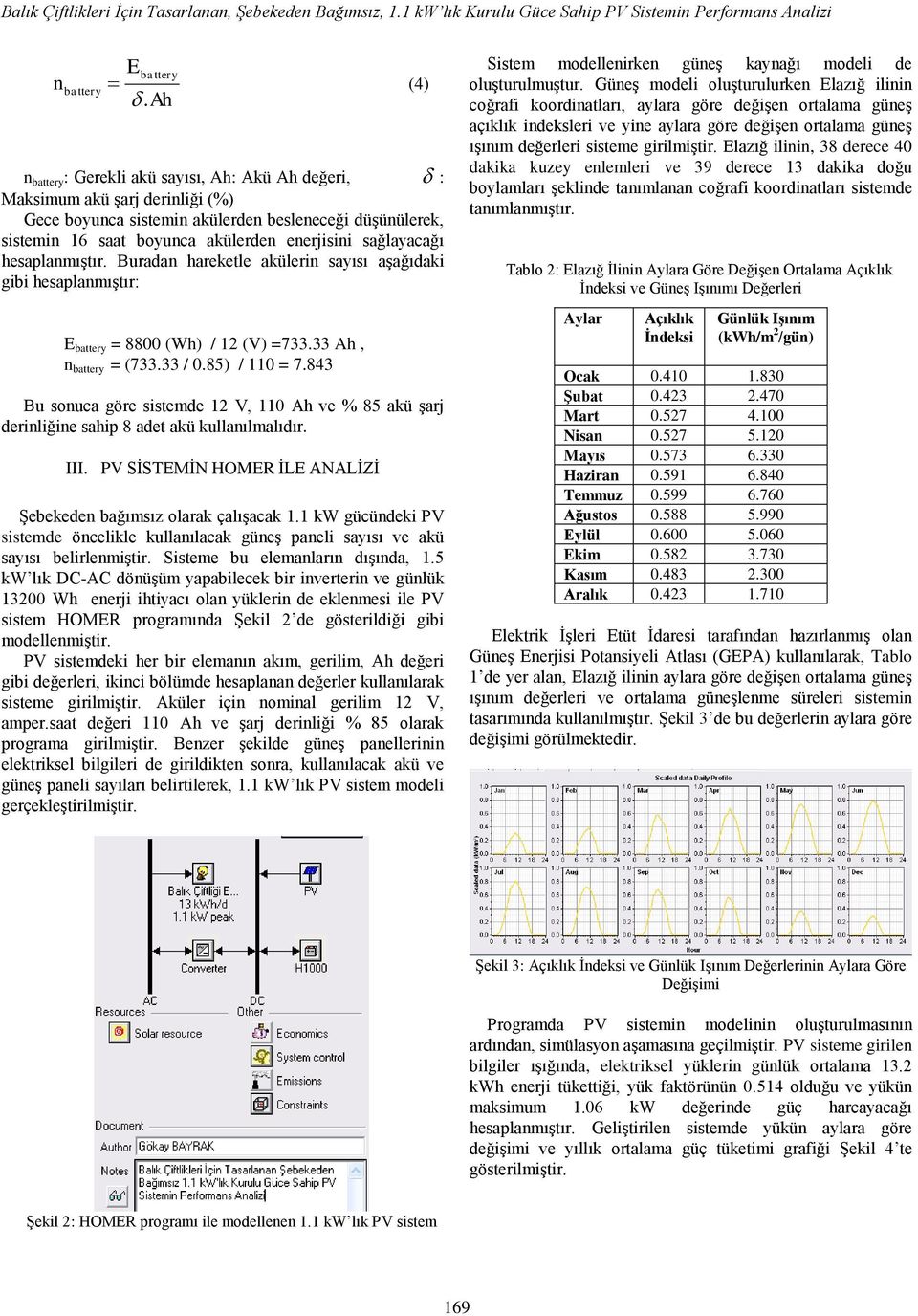 hesaplanmıştır. Buradan hareketle akülerin sayısı aşağıdaki gibi hesaplanmıştır: = 8800 (Wh) / 12 (V) =733.33 Ah, n = (733.33 / 0.85) / 110 = 7.