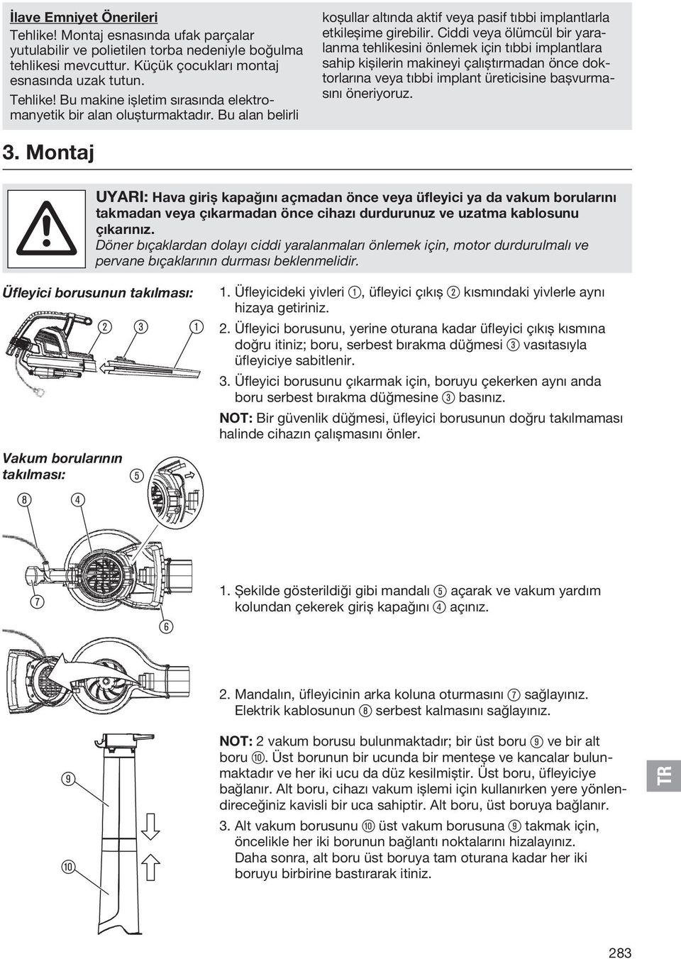 Ciddi veya ölümcül bir yaralanma tehlikesini önlemek için tıbbi implantlara sahip kişilerin makineyi çalıştırmadan önce doktorlarına veya tıbbi implant üreticisine başvurmasını öneriyoruz. 3.