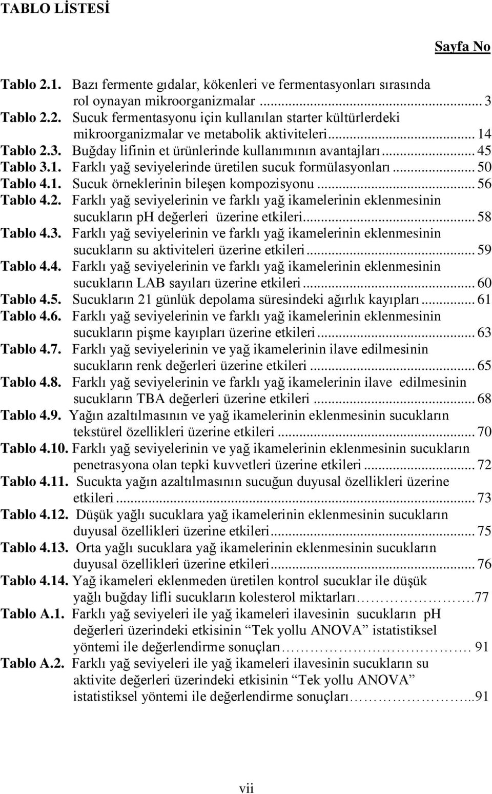 .. 56 Tablo 4.2. Farklı yağ seviyelerinin ve farklı yağ ikamelerinin eklenmesinin sucukların ph değerleri üzerine etkileri... 58 Tablo 4.3.