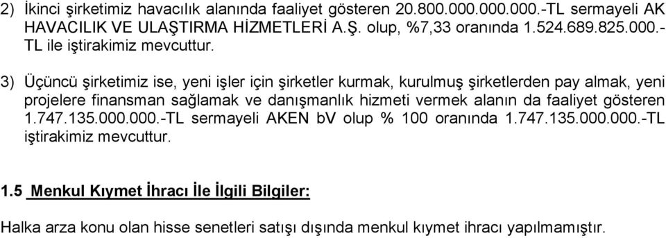 3) Üçüncü şirketimiz ise, yeni işler için şirketler kurmak, kurulmuş şirketlerden pay almak, yeni projelere finansman sağlamak ve danışmanlık hizmeti vermek