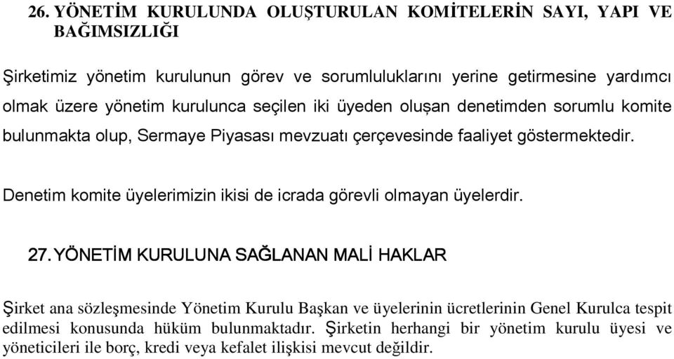 Denetim komite üyelerimizin ikisi de icrada görevli olmayan üyelerdir. 27.