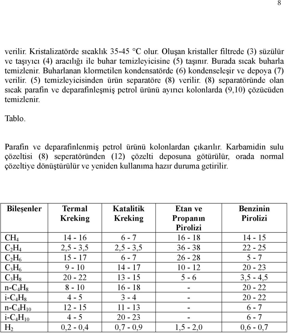 (8) separatöründe olan sıcak parafin ve deparafinleşmiş petrol ürünü ayırıcı kolonlarda (9,10) çözücüden temizlenir. Tablo. Parafin ve deparafinlenmiş petrol ürünü kolonlardan çıkarılır.