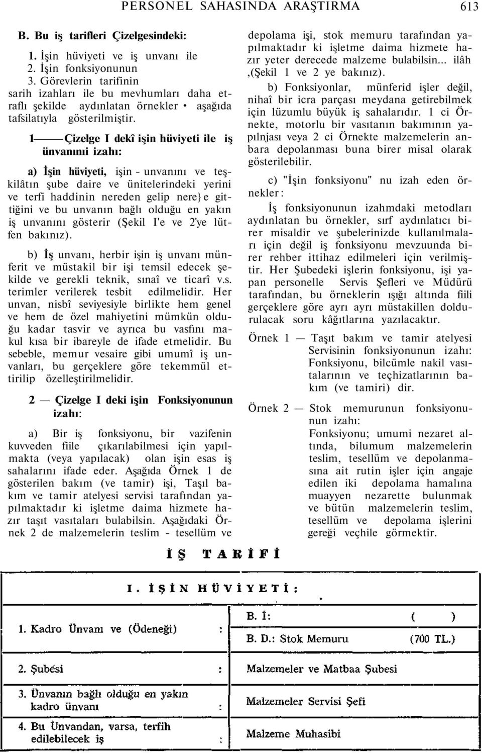 1 Çizelge I dekî işin hüviyeti ile iş ünvanınıi izahı: a) İşin hüviyeti, işin - unvanını ve teşkilâtın şube daire ve ünitelerindeki yerini ve terfi haddinin nereden gelip nere} e gittiğini ve bu