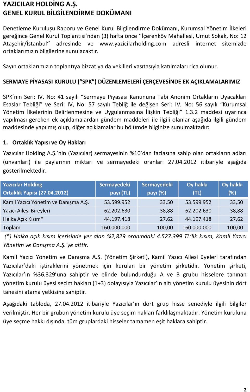 Sayın ortaklarımızın toplantıya bizzat ya da vekilleri vasıtasıyla katılmaları rica olunur.