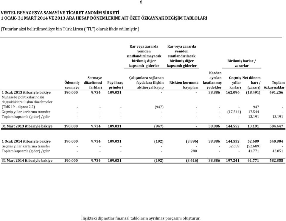 Geçmiş Net dönem yıllar karı / karları (zararı) Ödenmiş sermaye Pay ihraç primleri Riskten korunma kayıpları Toplam özkaynaklar 1 Ocak 2013 itibariyle bakiye 190.000 9.734 109.031 - - 38.886 162.