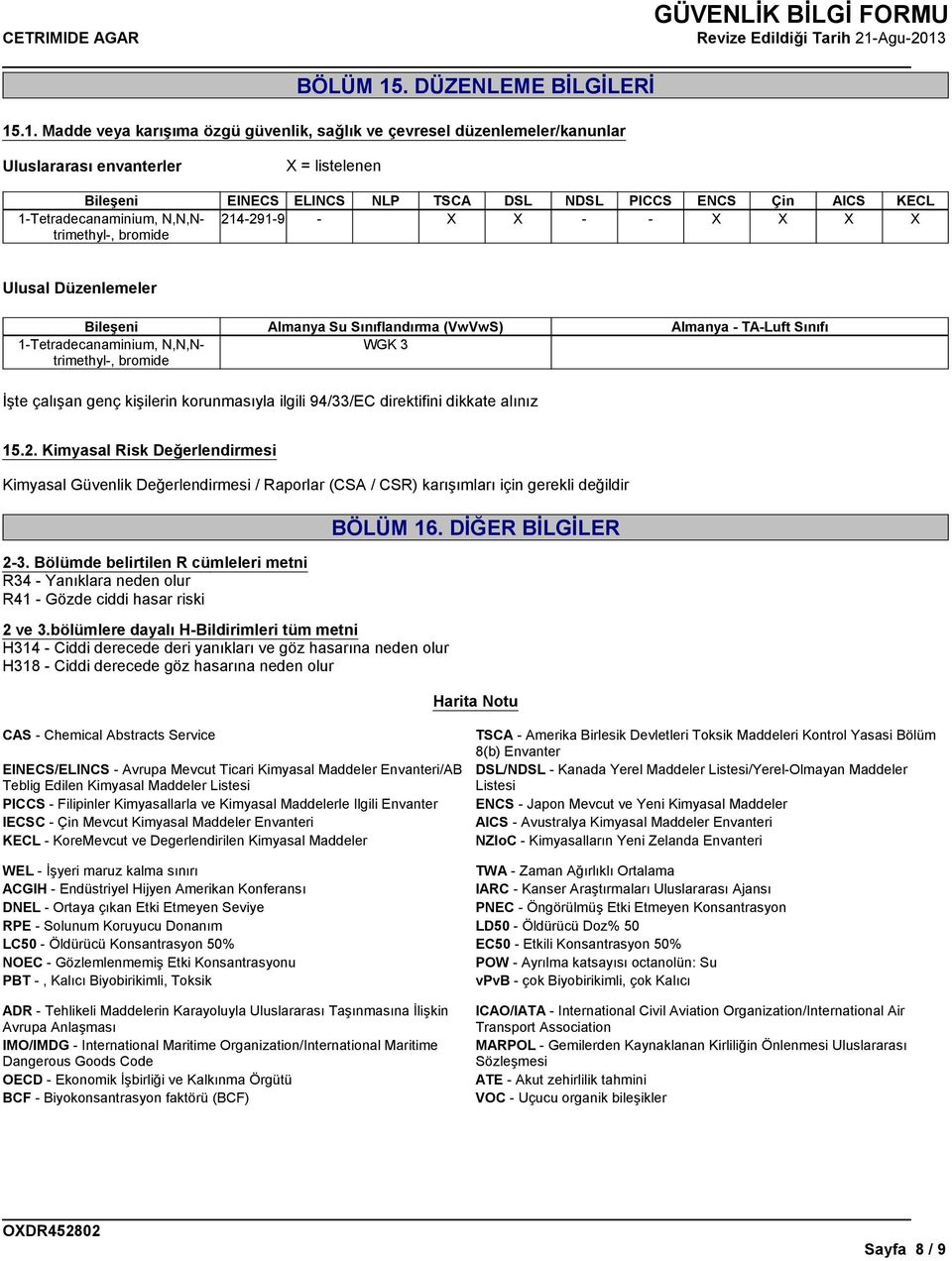 .1. Madde veya karışıma özgü güvenlik, sağlık ve çevresel düzenlemeler/kanunlar Uluslararası envanterler X = listelenen Bileşeni EINECS ELINCS NLP TSCA DSL NDSL PICCS ENCS Çin AICS KECL