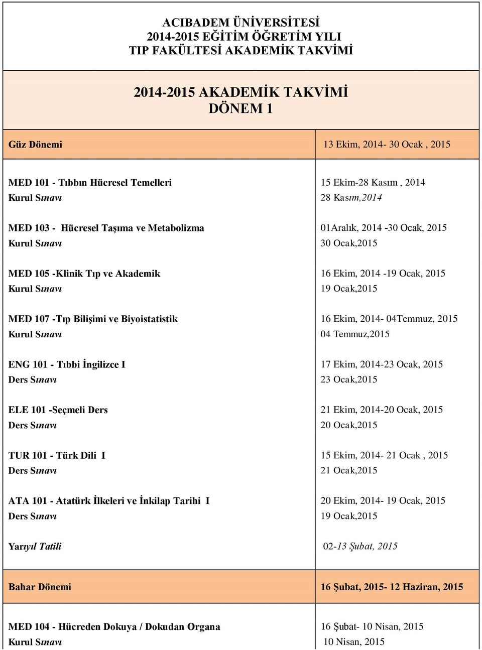 Biyoistatistik 16 Ekim, 2014-04Temmuz, 2015 04 Temmuz,2015 ENG 101 - Tıbbi İngilizce I 17 Ekim, 2014-23 Ocak, 2015 23 Ocak,2015 ELE 101 -Seçmeli Ders 21 Ekim, 2014-20 Ocak, 2015 20 Ocak,2015 TUR 101