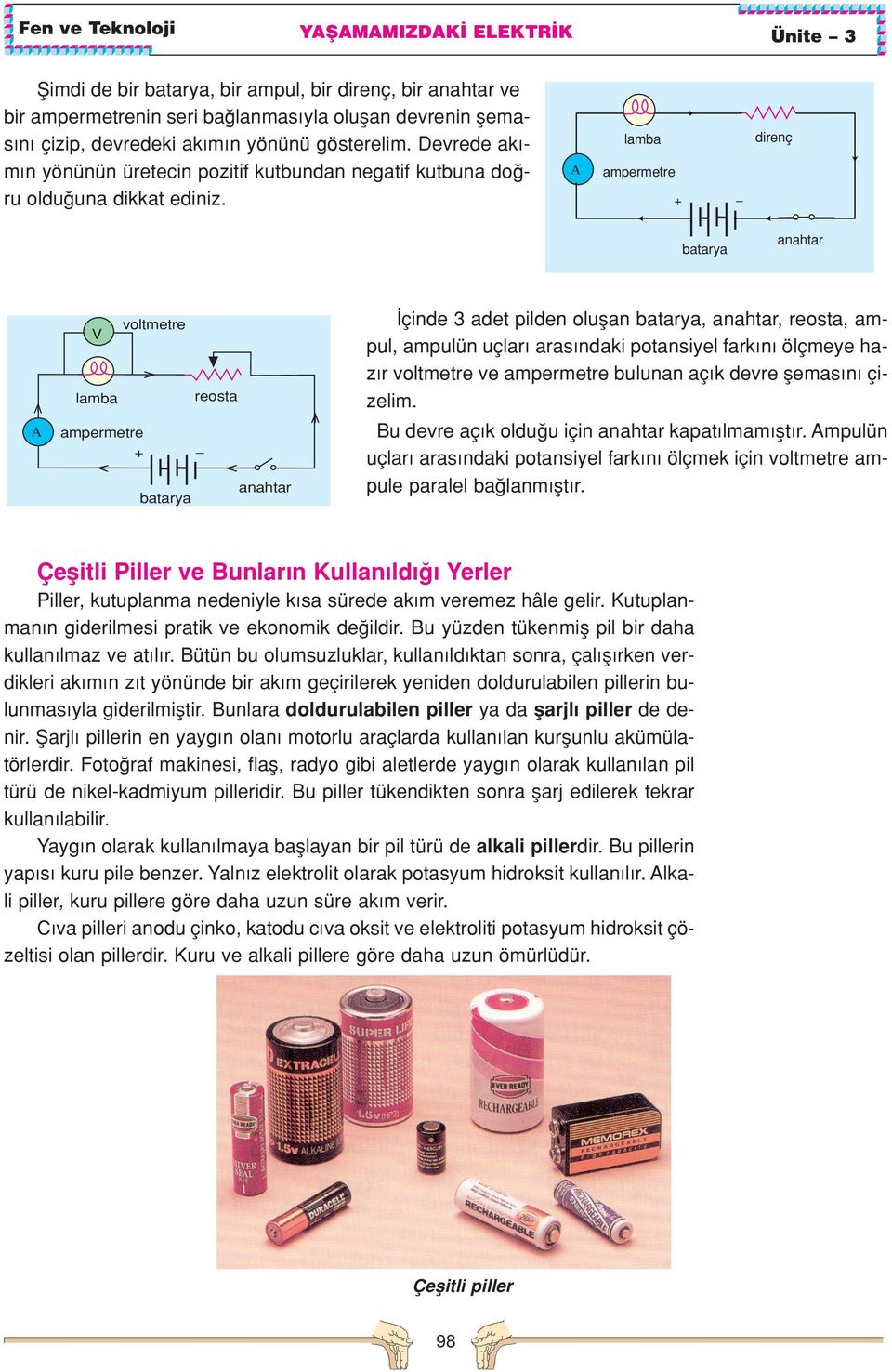 Α lamba ampermetre direnç batarya anahtar Α voltmetre lamba reosta ampermetre anahtar batarya çinde 3 adet pilden oluflan batarya, anahtar, reosta, ampul, ampulün uçlar aras ndaki potansiyel fark n