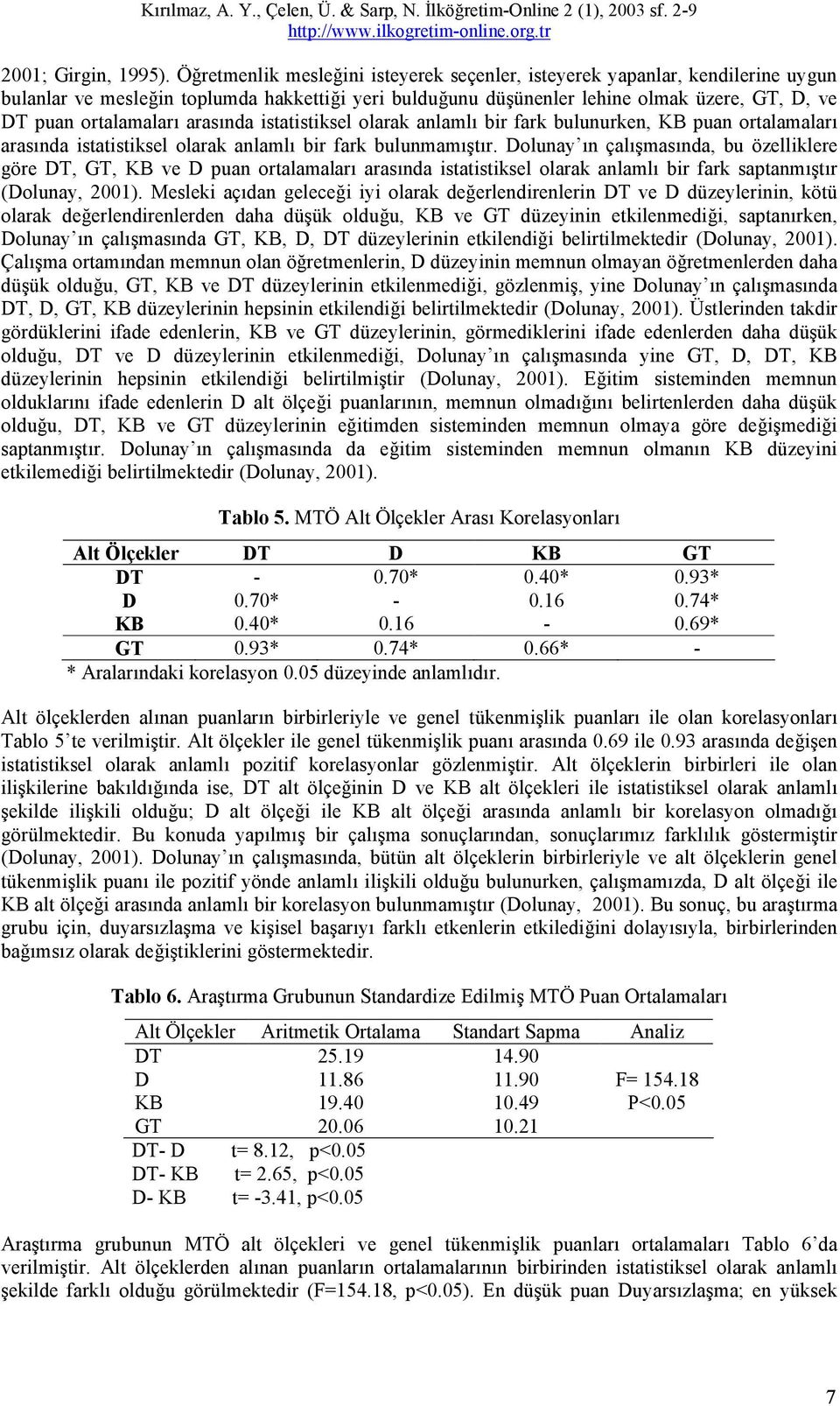 arasında istatistiksel olarak anlamlı bir fark bulunurken, KB puan ortalamaları arasında istatistiksel olarak anlamlı bir fark bulunmamıştır.