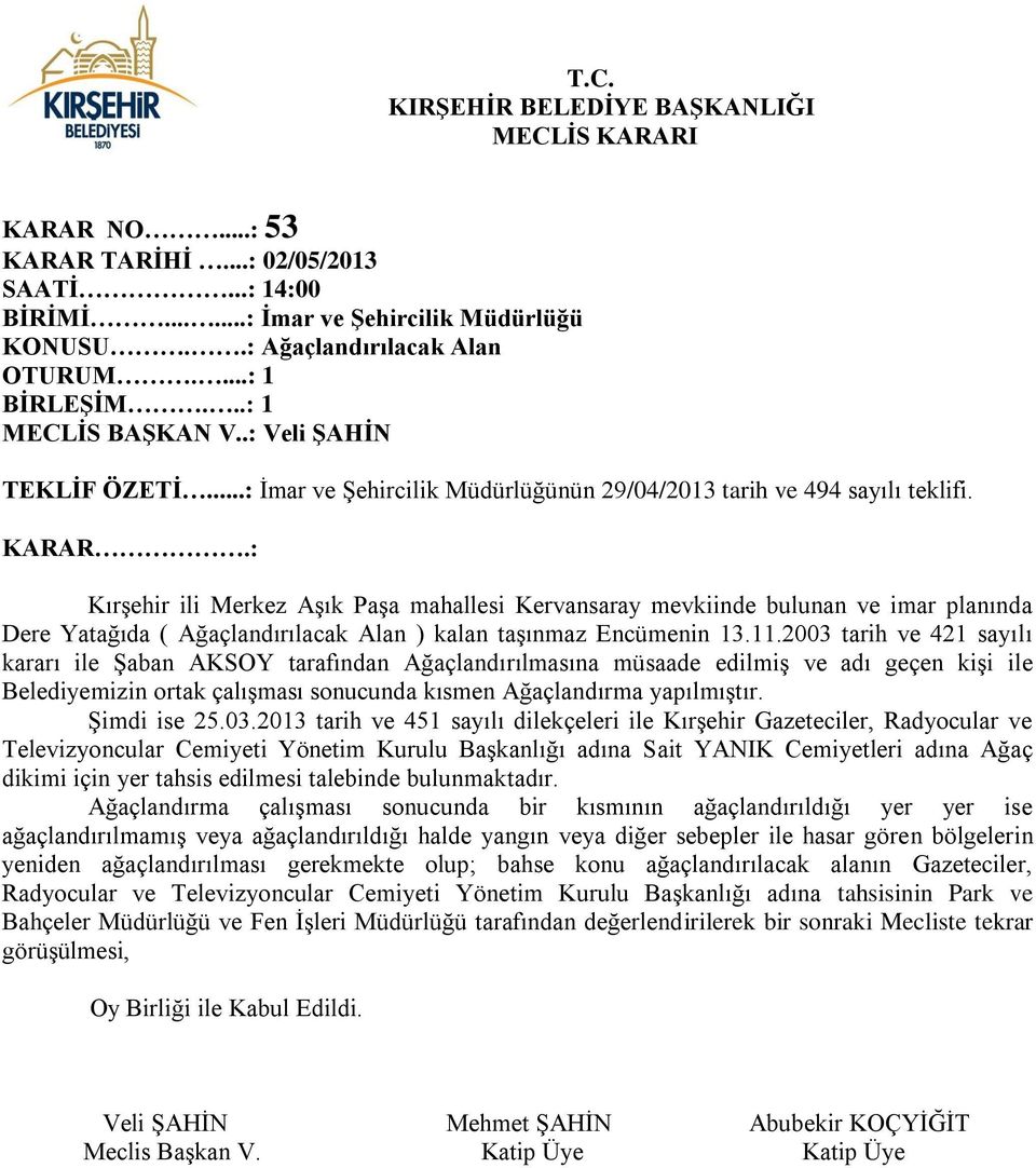 : Kırşehir ili Merkez Aşık Paşa mahallesi Kervansaray mevkiinde bulunan ve imar planında Dere Yatağıda ( Ağaçlandırılacak Alan ) kalan taşınmaz Encümenin 13.11.