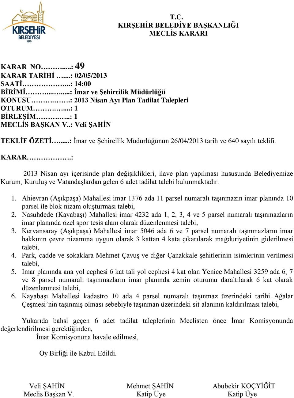 : 2013 Nisan ayı içerisinde plan değişiklikleri, ilave plan yapılması hususunda Belediyemize Kurum, Kuruluş ve Vatandaşlardan gelen 6 adet tadilat talebi bulunmaktadır. 1.