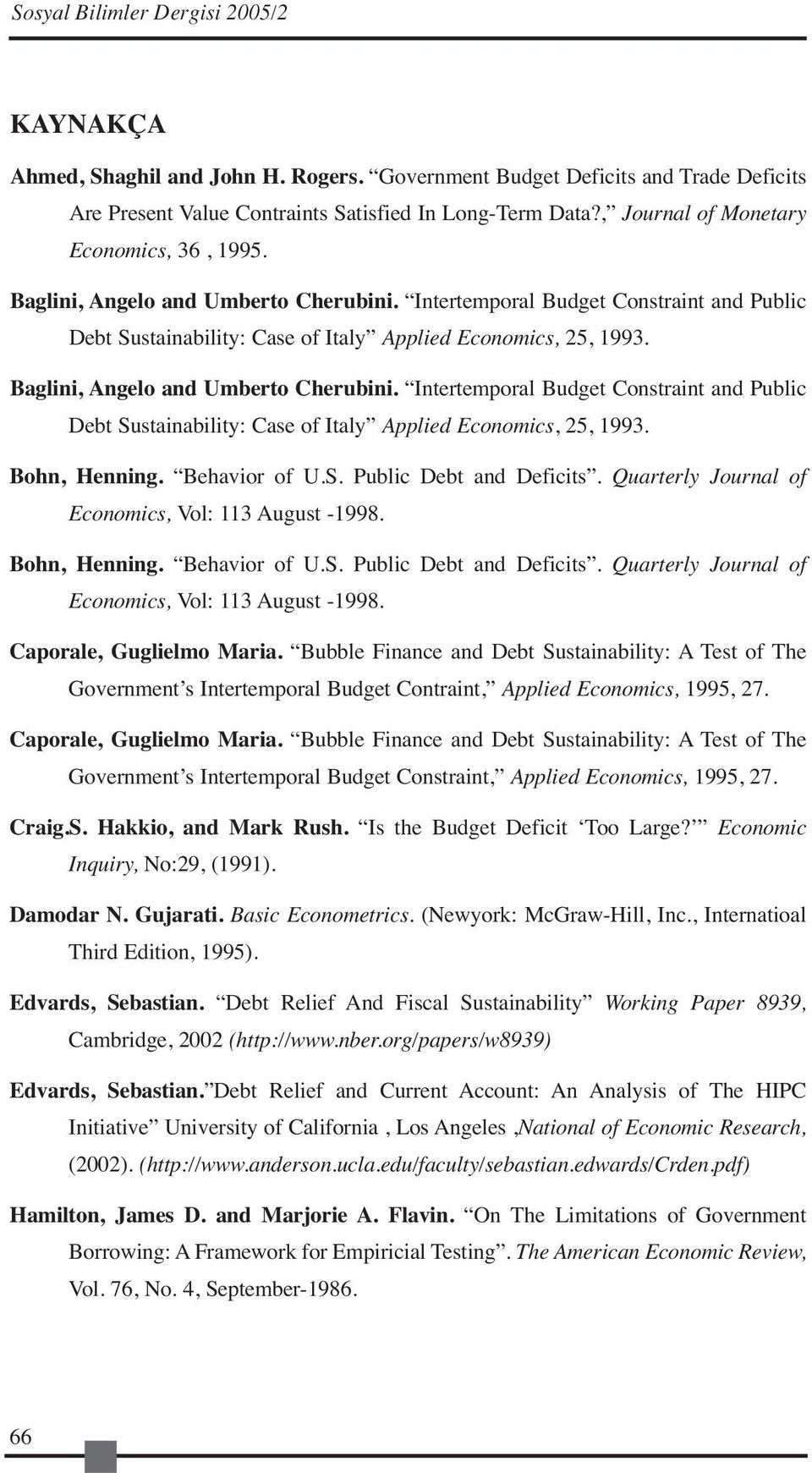Baglini, Angelo and Umberto Cherubini. Intertemporal Budget Constraint and Public Debt Sustainability: Case of Italy Applied Economics, 25, 1993. Bohn, Henning. Behavior of U.S. Public Debt and Deficits.