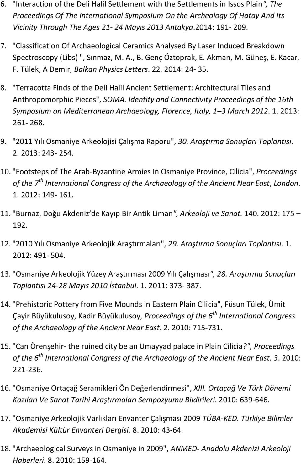 Kacar, F. Tülek, A Demir, Balkan Physics Letters. 22. 2014: 24-35. 8. "Terracotta Finds of the Deli Halil Ancient Settlement: Architectural Tiles and Anthropomorphic Pieces", SOMA.