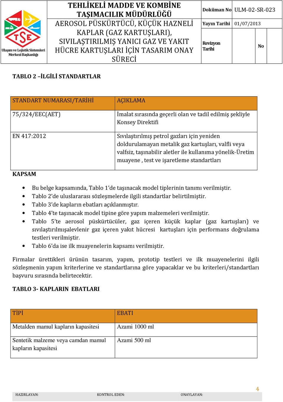 taşınacak model tiplerinin tanımı verilmiştir. Tablo 2 de uluslararası sözleşmelerde ilgili standartlar belirtilmiştir. Tablo 3 de kapların ebatları açıklanmıştır.