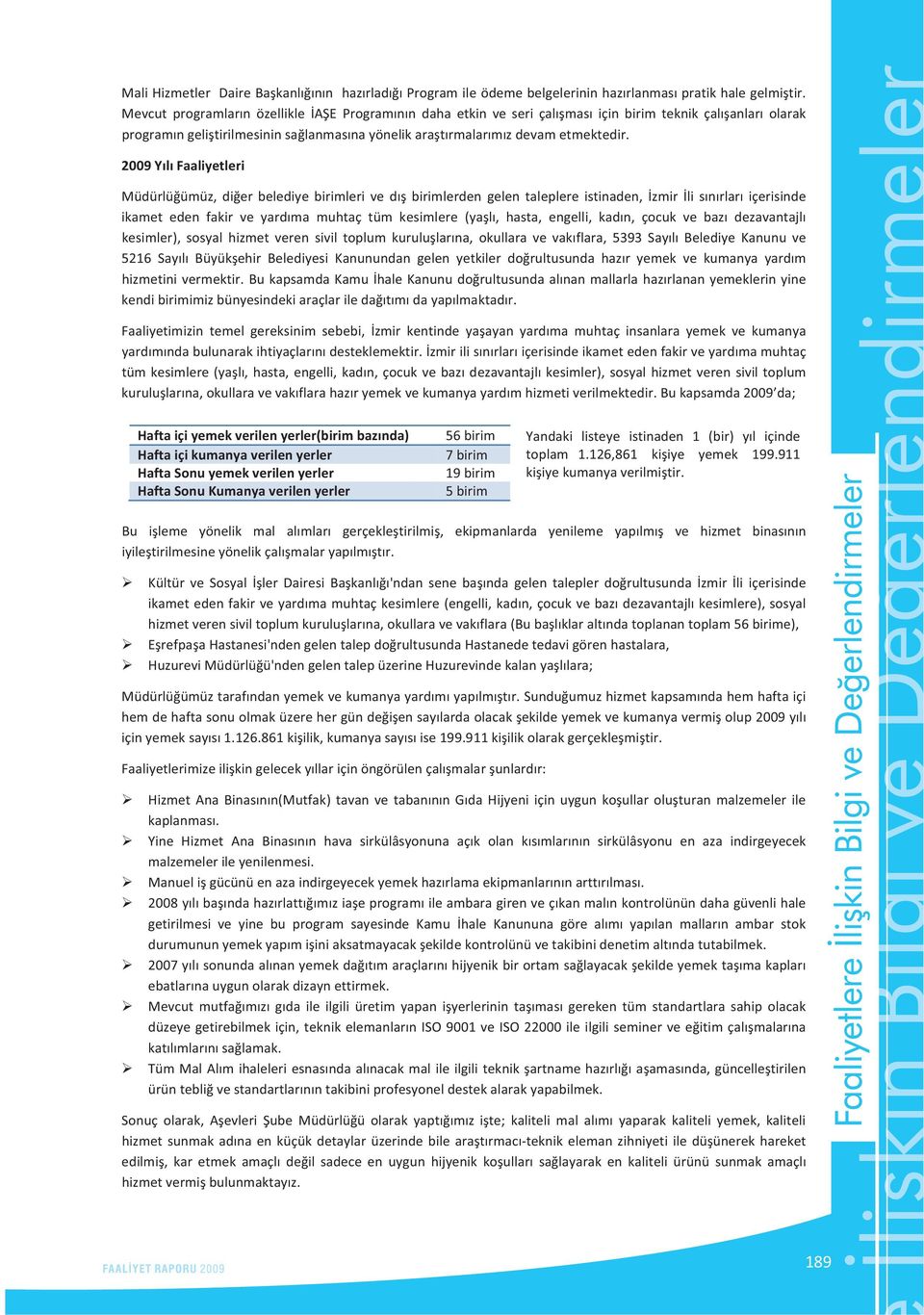 2009YlFaaliyetleri Müdürlüümüz, dier belediye birimleri ve d birimlerden gelen taleplere istinaden, zmir li snrlar içerisinde ikamet eden fakir ve yardma muhtaç tüm kesimlere (yal, hasta, engelli,