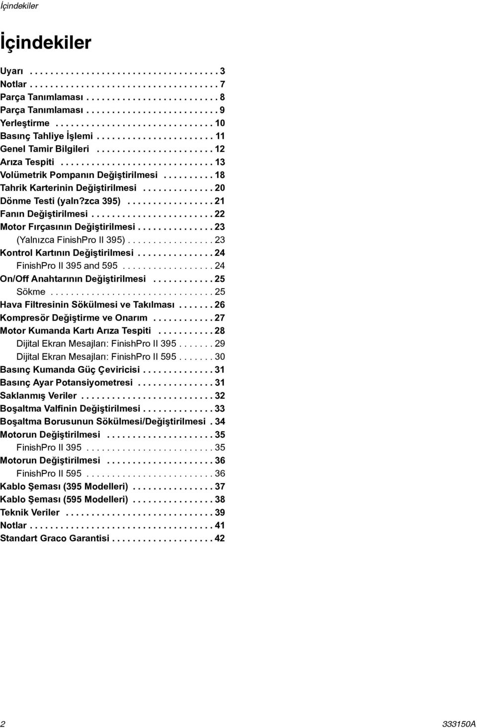 ......... 18 Tahrik Karterinin Deðiþtirilmesi.............. 20 Dönme Testi (yaln?zca 395)................. 21 Fanýn Deðiþtirilmesi........................ 22 Motor Fýrçasýnýn Deðiþtirilmesi.