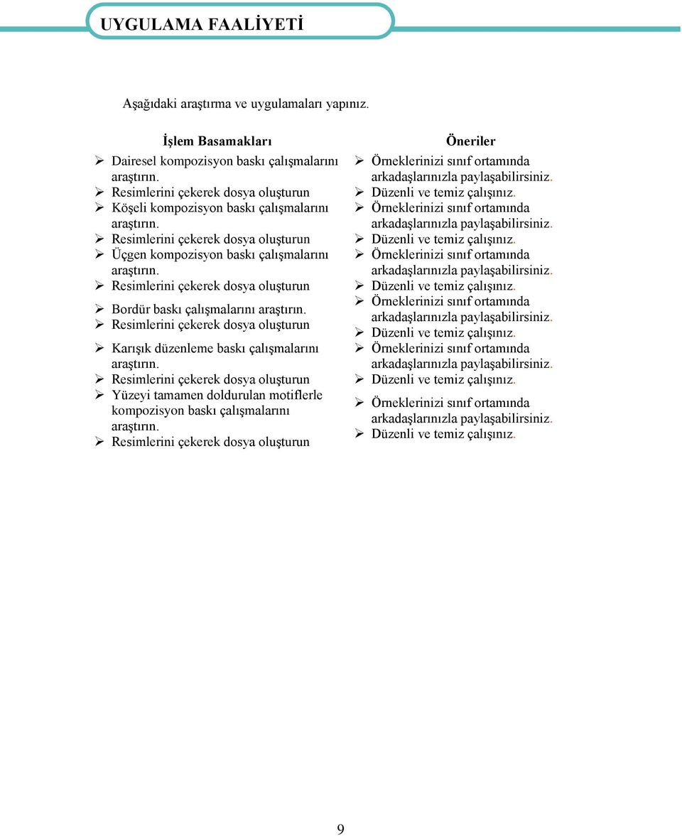 Resimlerini çekerek dosya oluşturun Bordür baskı çalışmalarını araştırın. Resimlerini çekerek dosya oluşturun Karışık düzenleme baskı çalışmalarını araştırın.