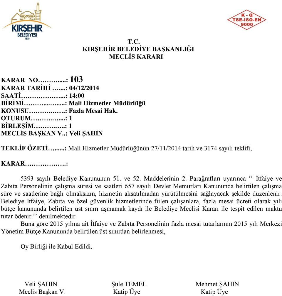 Parağrafları uyarınca İtfaiye ve Zabıta Personelinin çalışma süresi ve saatleri 657 sayılı Devlet Memurları Kanununda belirtilen çalışma süre ve saatlerine bağlı olmaksızın, hizmetin aksatılmadan