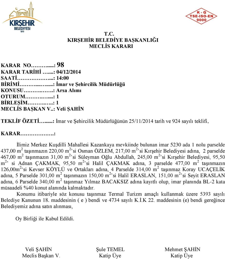 si Osman ÖZLEM, 217,00 m 2 si Kırşehir Belediyesi adına, 2 parselde 467,00 m 2 taşınmazın 31,00 m 2 si Süleyman Oğlu Abdullah, 245,00 m 2 si Kırşehir Belediyesi, 95,50 m 2 si Adnan ÇAKMAK, 95,50 m 2