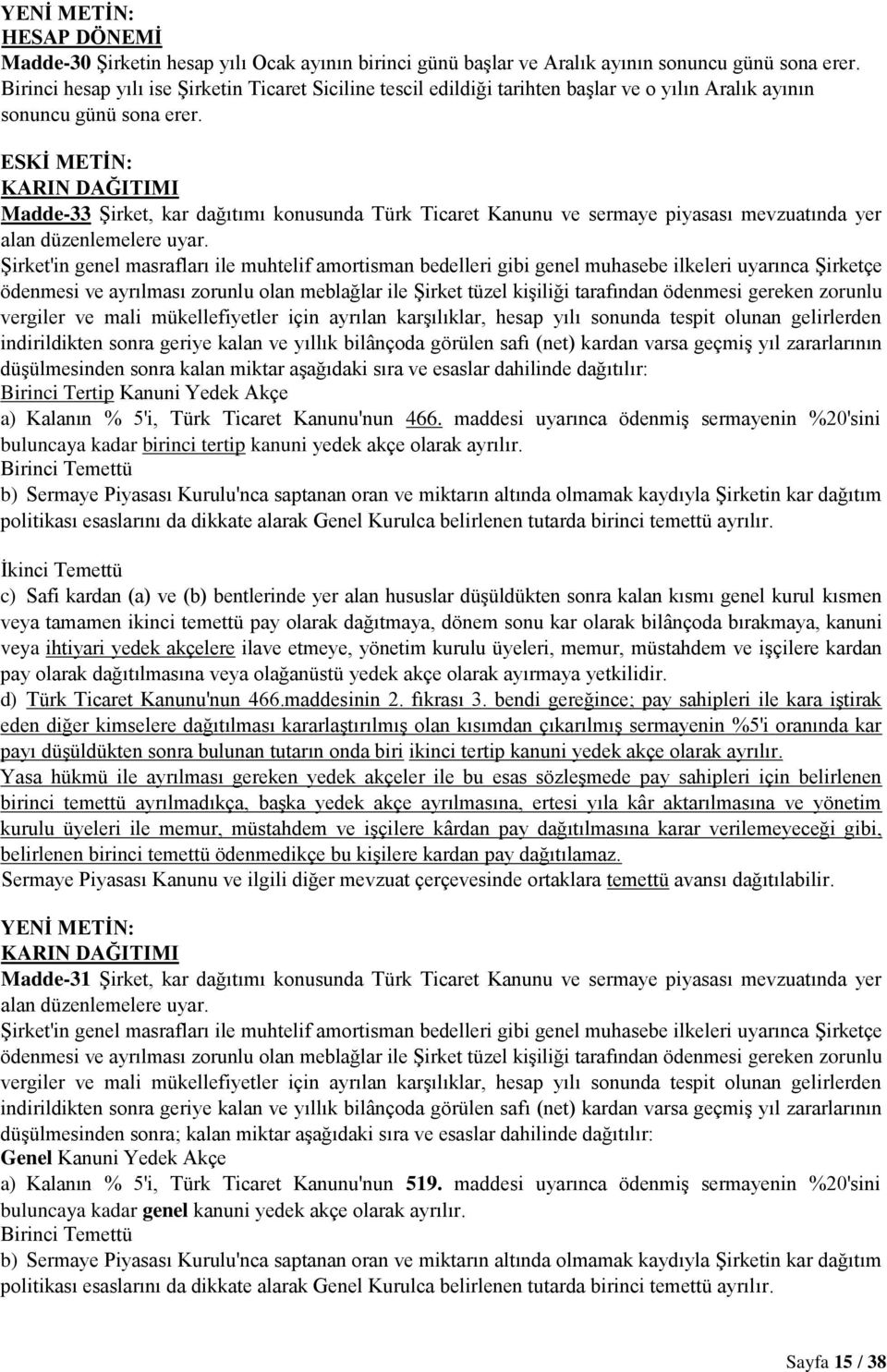 KARIN DAĞITIMI Madde-33 ġirket, kar dağıtımı konusunda Türk Ticaret Kanunu ve sermaye piyasası mevzuatında yer alan düzenlemelere uyar.