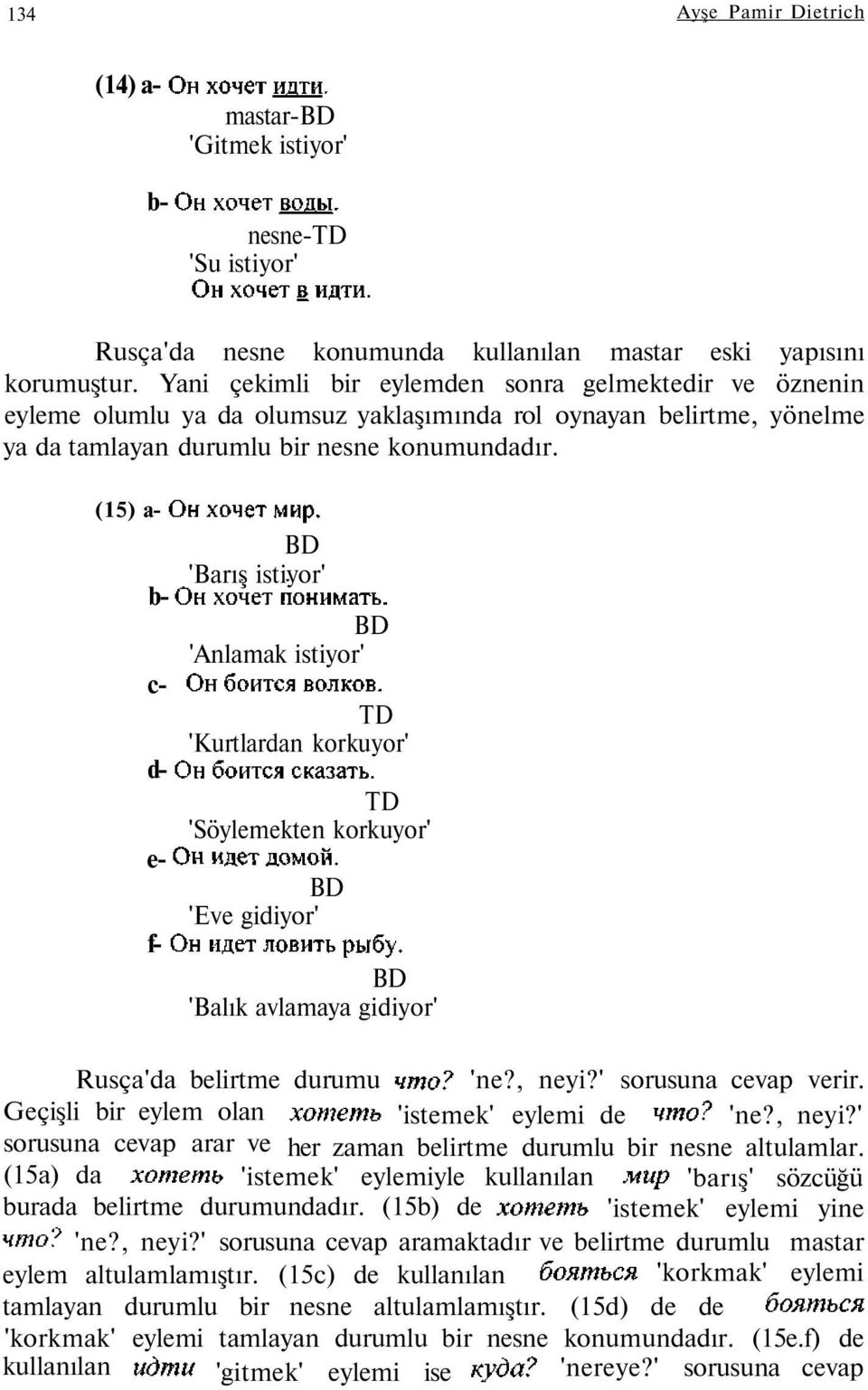 (15) a- b- c- d- e- f- 'Barış istiyor' 'Anlamak istiyor' TD 'Kurtlardan korkuyor' TD 'Söylemekten korkuyor' 'Eve gidiyor' 'Balık avlamaya gidiyor' Rusça'da belirtme durumu 'ne?, neyi?