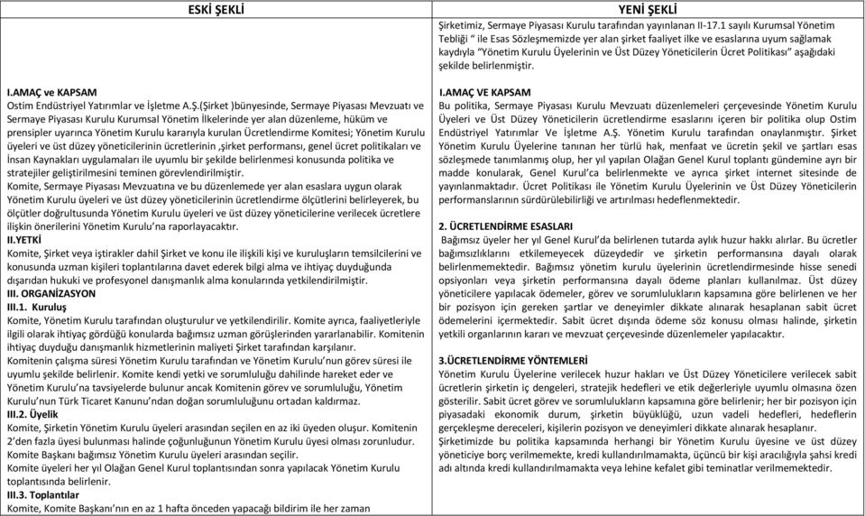 aşağıdaki şekilde belirlenmiştir. I.AMAÇ ve KAPSAM I. I.AMAÇ VE KAPSAM Ostim Endüstriyel Yatırımlar ve İşletme A.Ş.