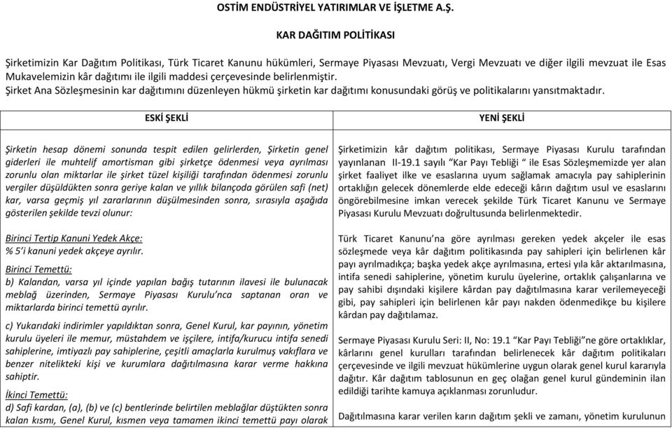 KAR DAĞITIM POLİTİKASI Şirketimizin Kar Dağıtım Politikası, Türk Ticaret Kanunu hükümleri, Sermaye Piyasası Mevzuatı, Vergi Mevzuatı ve diğer ilgili mevzuat ile Esas Mukavelemizin kâr dağıtımı ile