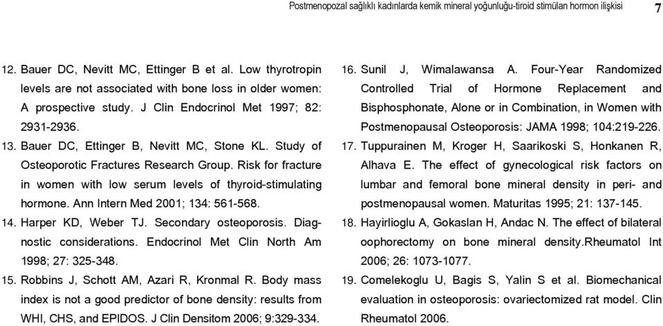 Study of Osteoporotic Fractures Research Group. Risk for fracture in women with low serum levels of thyroid-stimulating hormone. Ann Intern Med 2001; 134: 561-568. 14. Harper KD, Weber TJ.