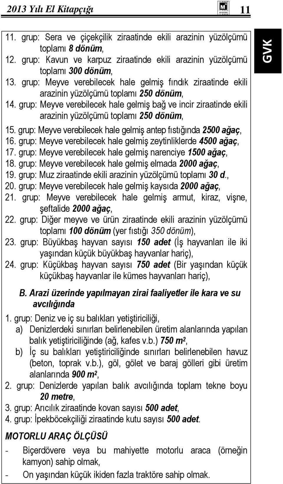 grup: Meyve verebilecek hale gelmiş bağ ve incir ziraatinde ekili arazinin yüzölçümü toplamı 250 dönüm, 15. grup: Meyve verebilecek hale gelmiş antep fıstığında 2500 ağaç, 16.