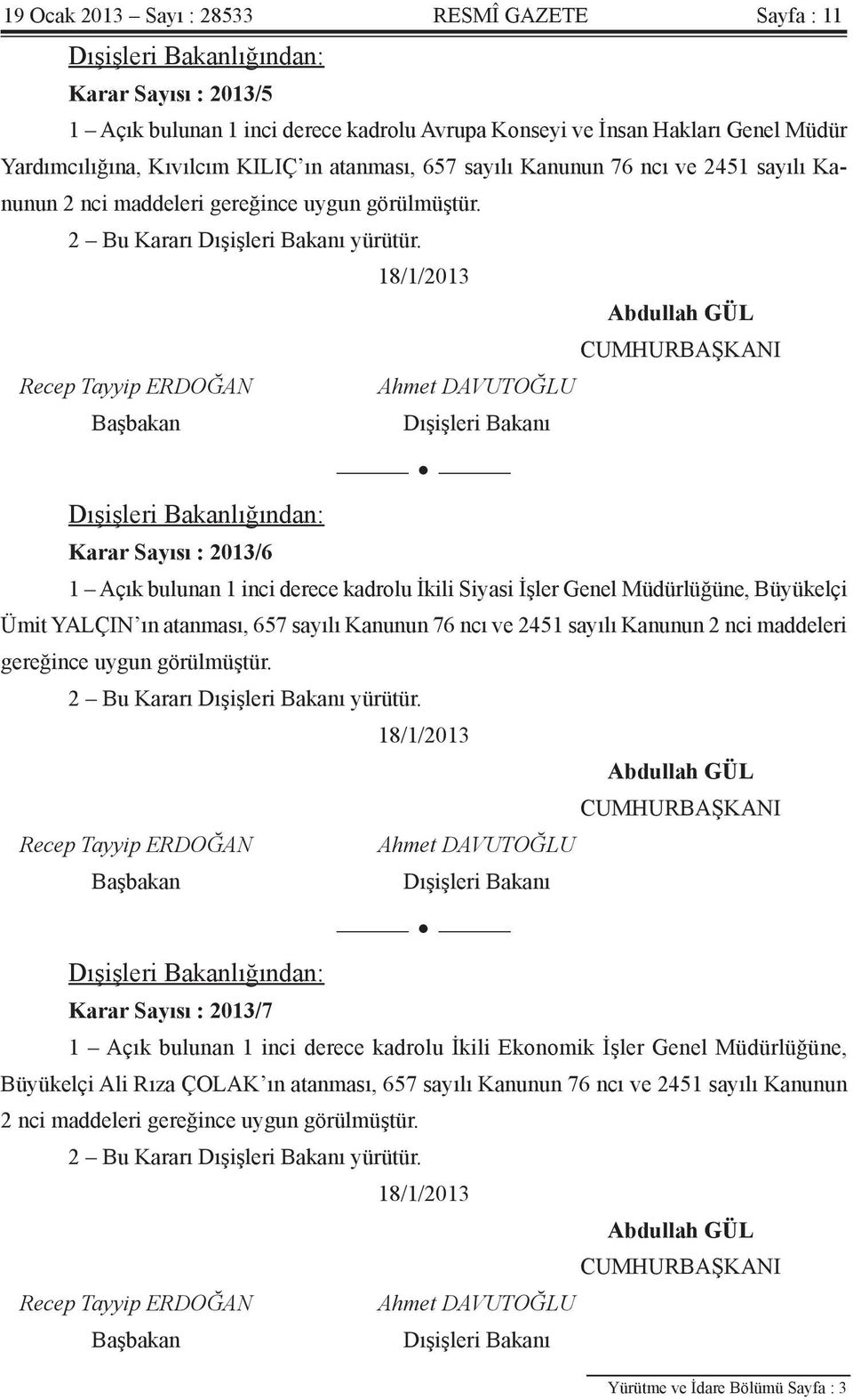 18/1/2013 Abdullah GÜL CUMHURBAŞKANI Recep Tayyip ERDOĞAN Ahmet DAVUTOĞLU Başbakan Dışişleri Bakanı Dışişleri Bakanlığından: Karar Sayısı : 2013/6 1 Açık bulunan 1 inci derece kadrolu İkili Siyasi