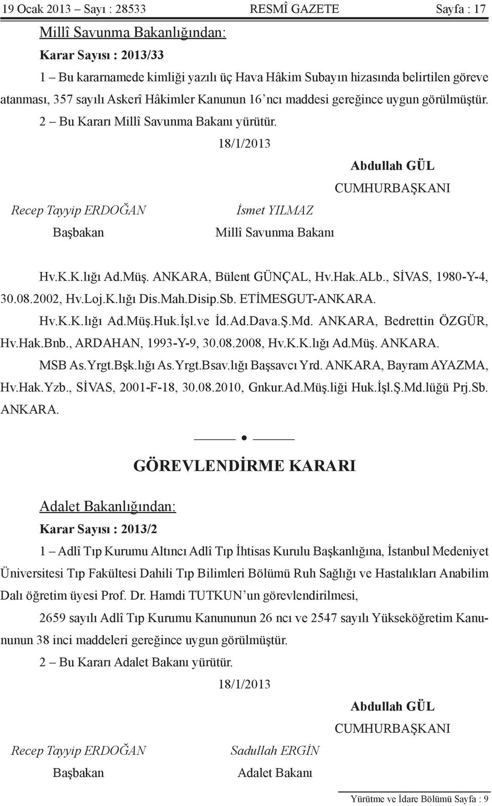 18/1/2013 Abdullah GÜL CUMHURBAŞKANI Recep Tayyip ERDOĞAN İsmet YILMAZ Başbakan Millî Savunma Bakanı Hv.K.K.lığı Ad.Müş. ANKARA, Bülent GÜNÇAL, Hv.Hak.ALb., SİVAS, 1980-Y-4, 30.08.2002, Hv.Loj.K.lığı Dis.