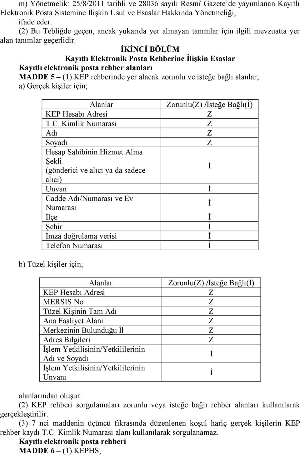 İKİNCİ BÖLÜM Kayıtlı Elektronik Posta Rehberine İlişkin Esaslar Kayıtlı elektronik posta rehber alanları MADDE 5 (1) KEP rehberinde yer alacak zorunlu ve isteğe bağlı alanlar; a) Gerçek kişiler için;