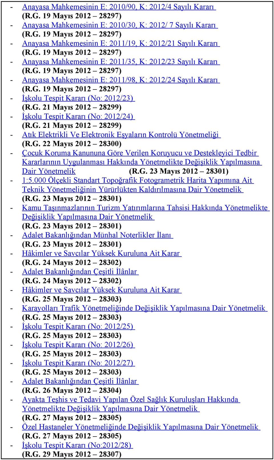 G. 21 Mayıs 2012 28299) İşkolu Tespit Kararı (No: 2012/24) (R.G. 21 Mayıs 2012 28299) Atık Elektrikli Ve Elektronik Eşyaların Kontrolü Yönetmeliği (R.G. 22 Mayıs 2012 28300) Çocuk Koruma Kanununa Göre Verilen Koruyucu ve Destekleyici Tedbir Kararlarının Uygulanması Hakkında Yönetmelikte Değişiklik Yapılmasına Dair Yönetmelik (R.