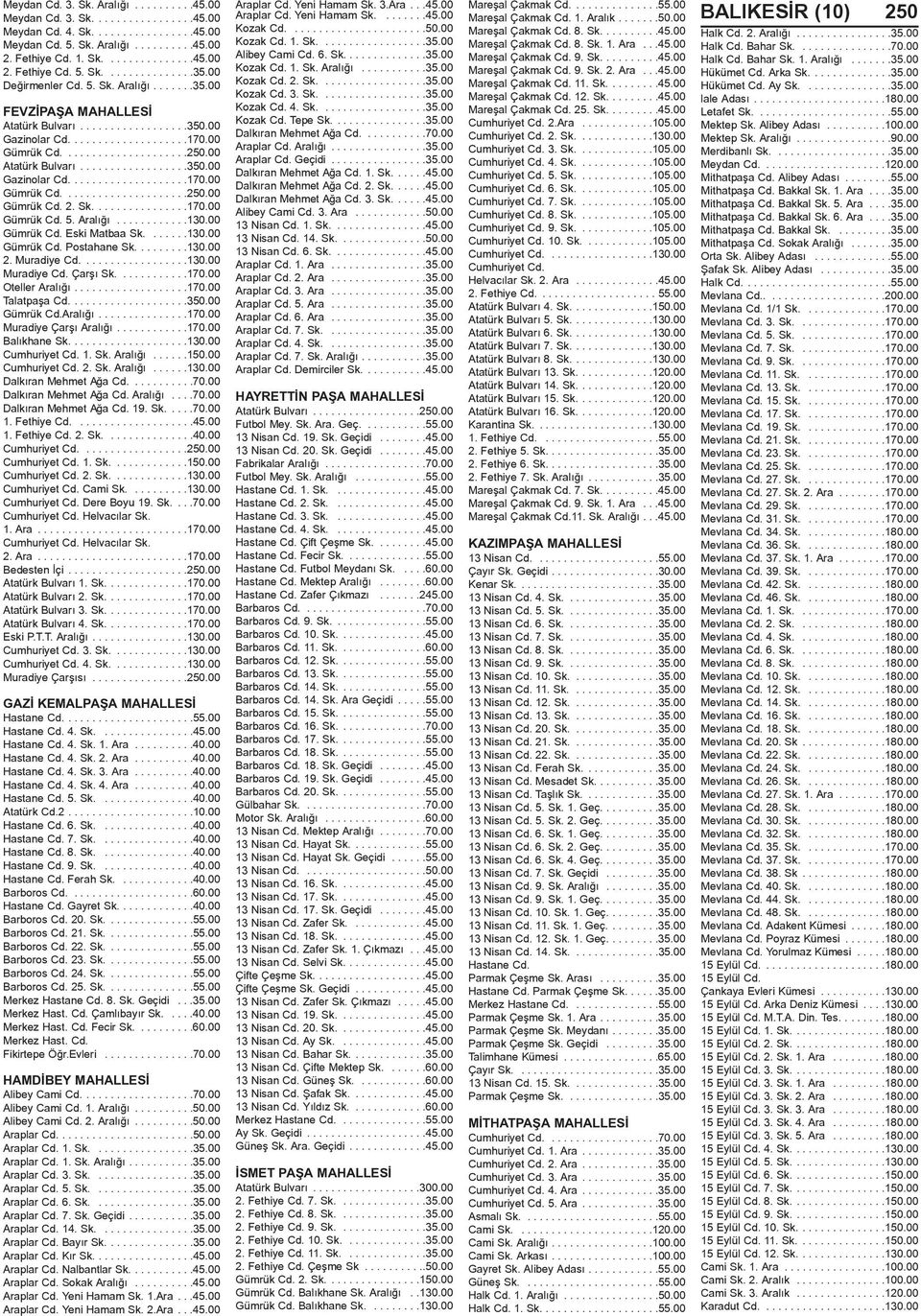 ....................120.00 Mithatpaþa Cd. Alibey Adasý........55.00 Mithatpaþa Cd. Bakkal Sk. 1. Ara....35.00 Mithatpaþa Cd. Bakkal Sk. 5. Ara....35.00 Mithatpaþa Cd. Bakkal Sk. 6. Ara....35.00 Mithatpaþa Cd. Bakkal Sk..........35.00 Mithatpaþa Cd. Sokak Aralýðý.