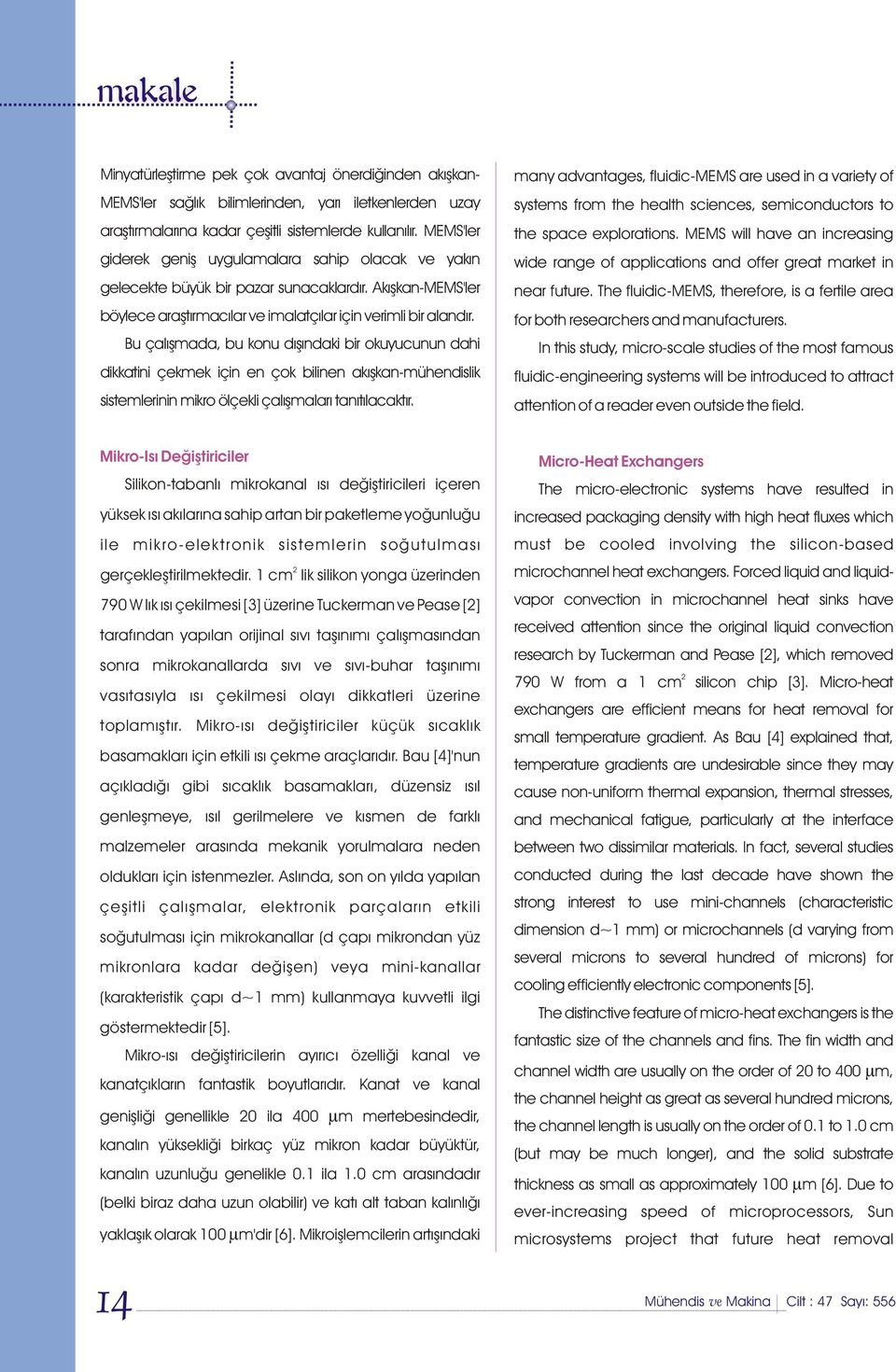 Bu çalýþmada, bu konu dýþýndaki bir okuyucunun dahi dikkatini çekmek için en çok bilinen akýþkan-mühendislik sistemlerinin mikro ölçekli çalýþmalarý tanýtýlacaktýr.