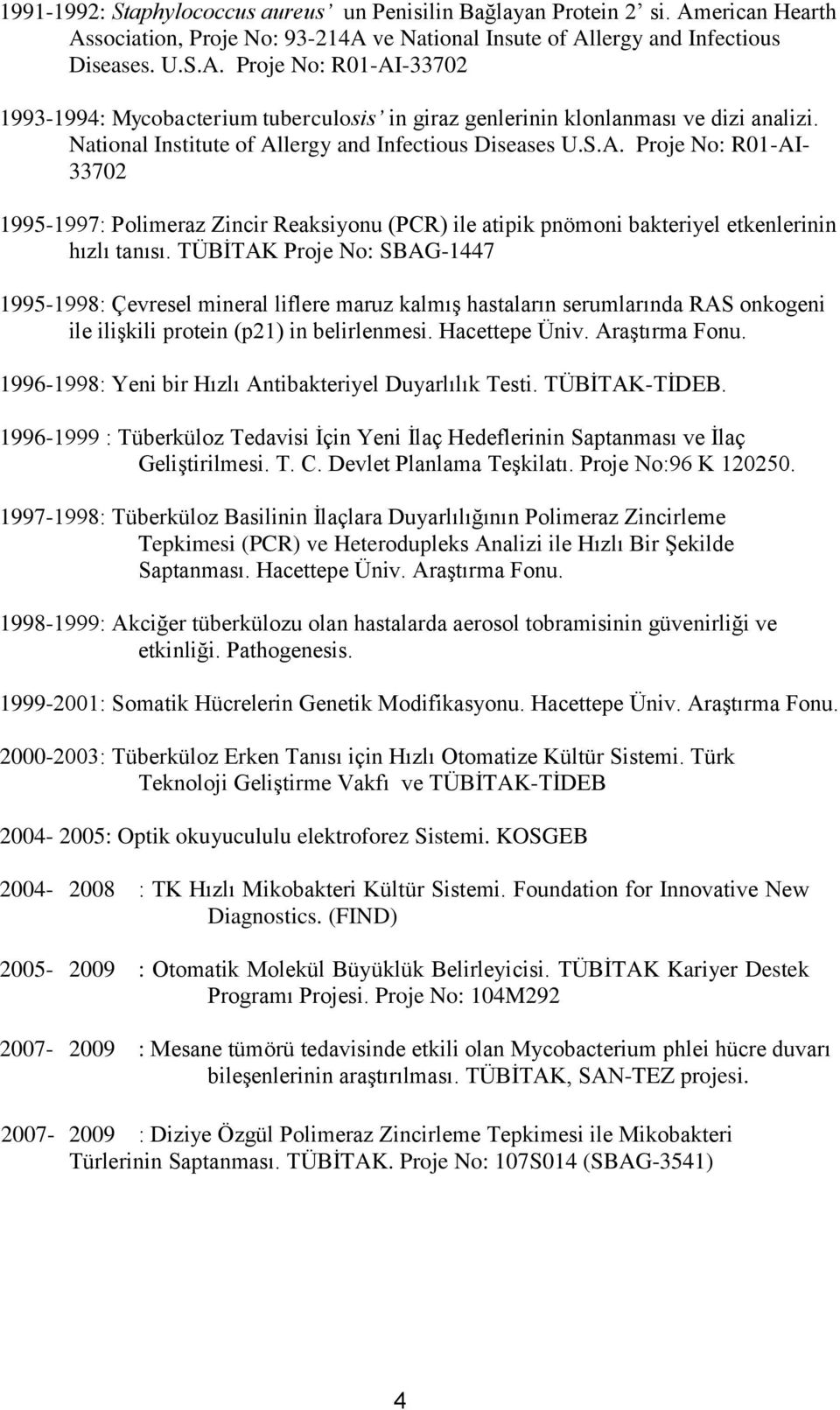 TÜBİTAK Proje No: SBAG-1447 1995-1998: Çevresel mineral liflere maruz kalmış hastaların serumlarında RAS onkogeni ile ilişkili protein (p21) in belirlenmesi. Hacettepe Üniv. Araştırma Fonu.