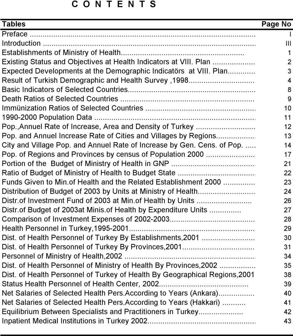 .. Death Ratios of Selected Countries... Immünization Ratios of Selected Countries... 1990-2000 Population Data... Pop.,Annuel Rate of Increase, Area and Density of Turkey... Pop. and Annuel Increase Rate of Cities and Villages by Regions.