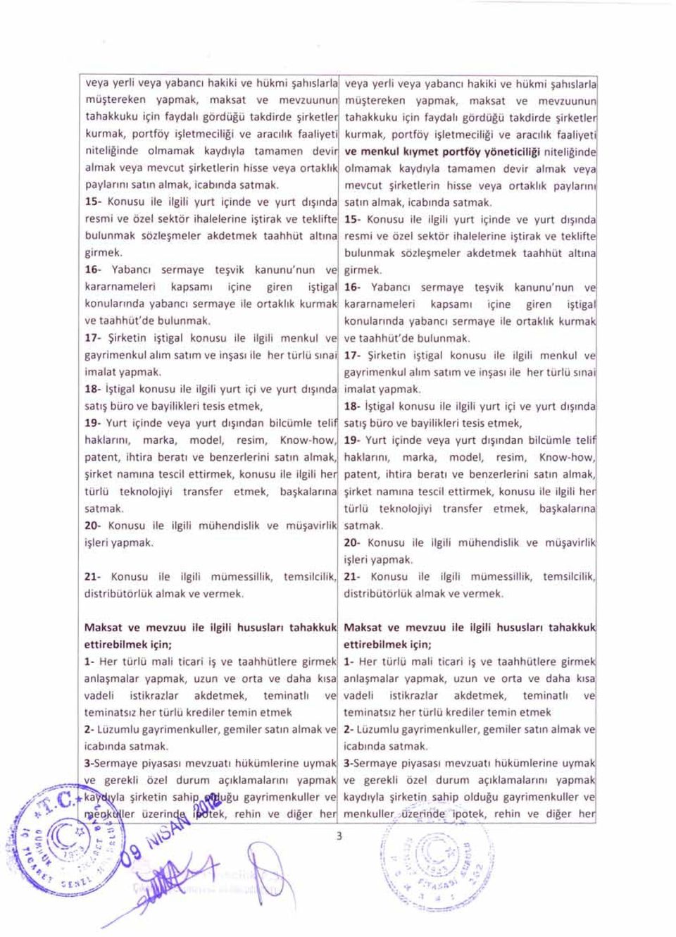 15- Konusu ile ilgili yurt içinde ve yurt dışında resmi ve özel sektör ihalelerine iştirak ve teklifte bulunmak sözleşmeler akdetmek taahhüt altına girmek.