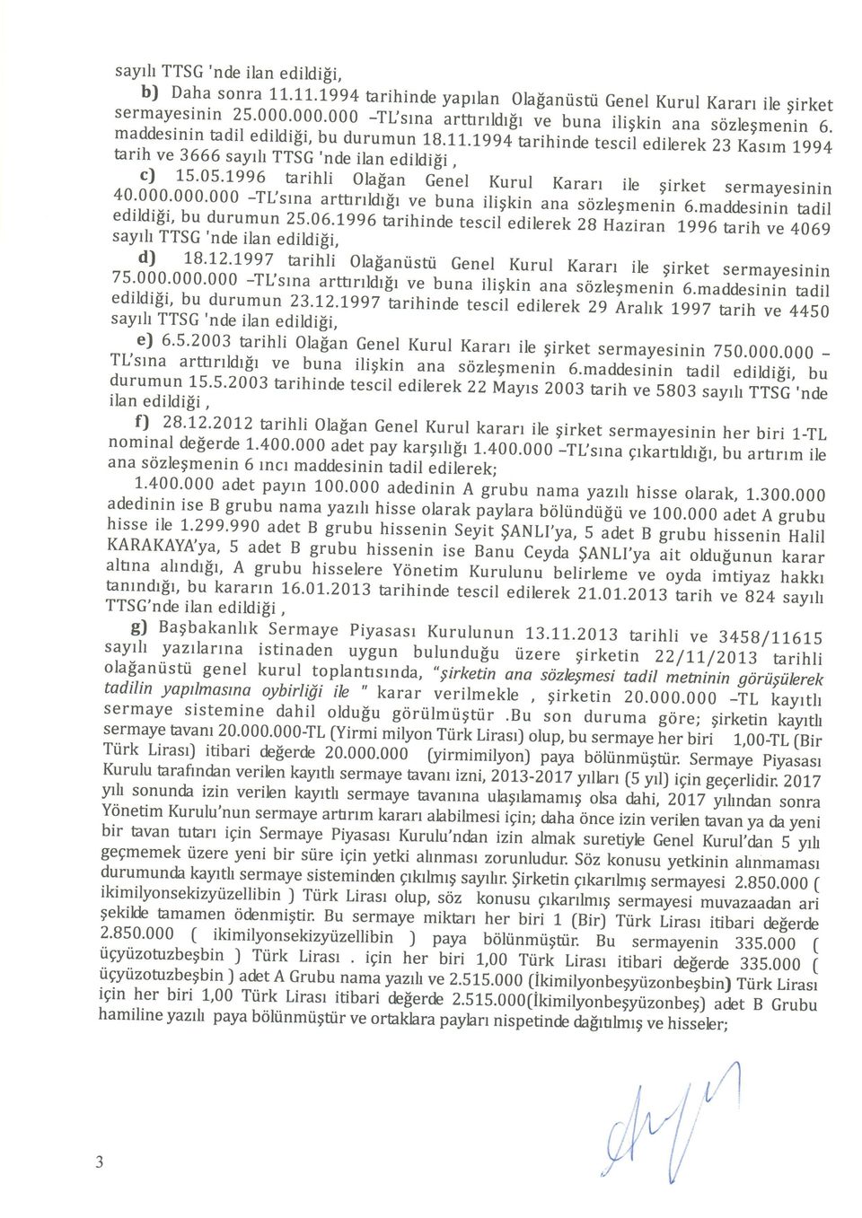 L99[tarihinde tescil edilerek tarih 23 Kasrm 3666 sayrh 1,gg4 TTSG 'nde ilan edildisi, c) 15'05'1996 tarihli ola$an Genel Kurul Kararr ile girket 40'000'000'000 -Tl'srna sermayesinin artrrrrldi$t