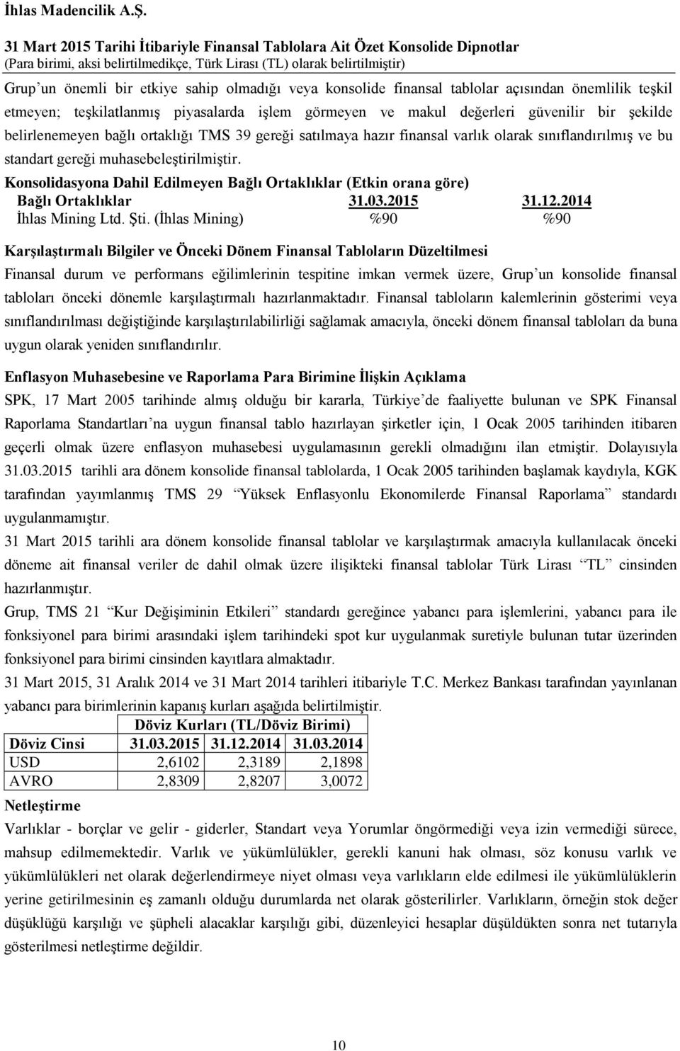 Konsolidasyona Dahil Edilmeyen Bağlı Ortaklıklar (Etkin orana göre) Bağlı Ortaklıklar İhlas Mining Ltd. Şti.